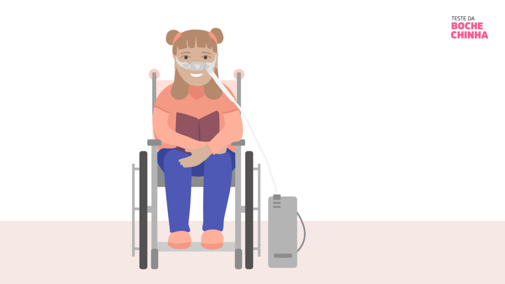 Menina cadeirante com um tanque de oxigênio