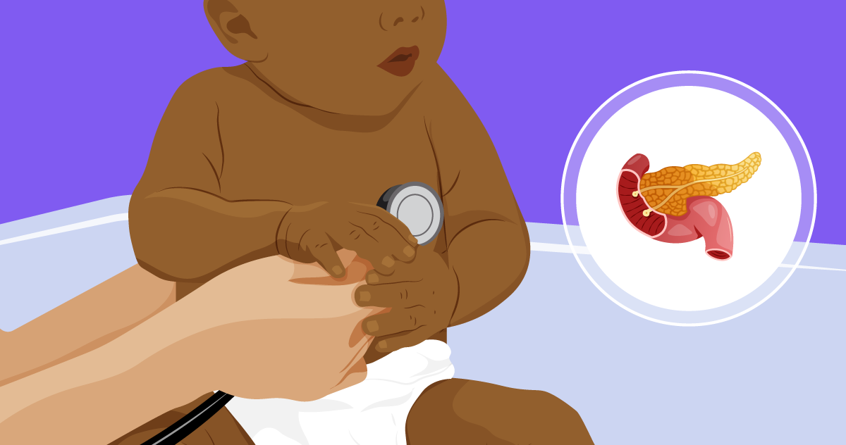 Ilustração de uma criança sendo examinada pela mão de um médico e ao lado um elemento visual simbolizando o pâncreas.