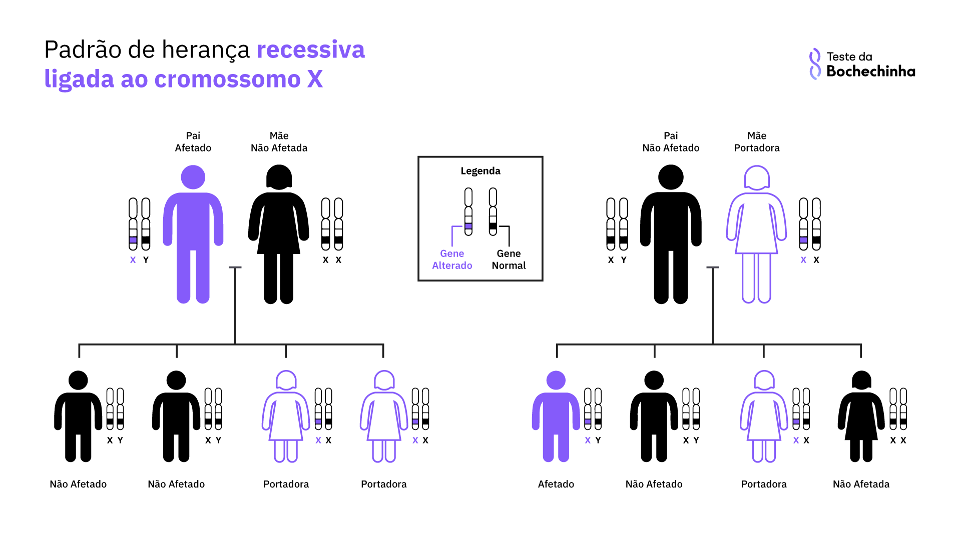 heredograma do padrão de herança recessiva ligada ao cromossomo X