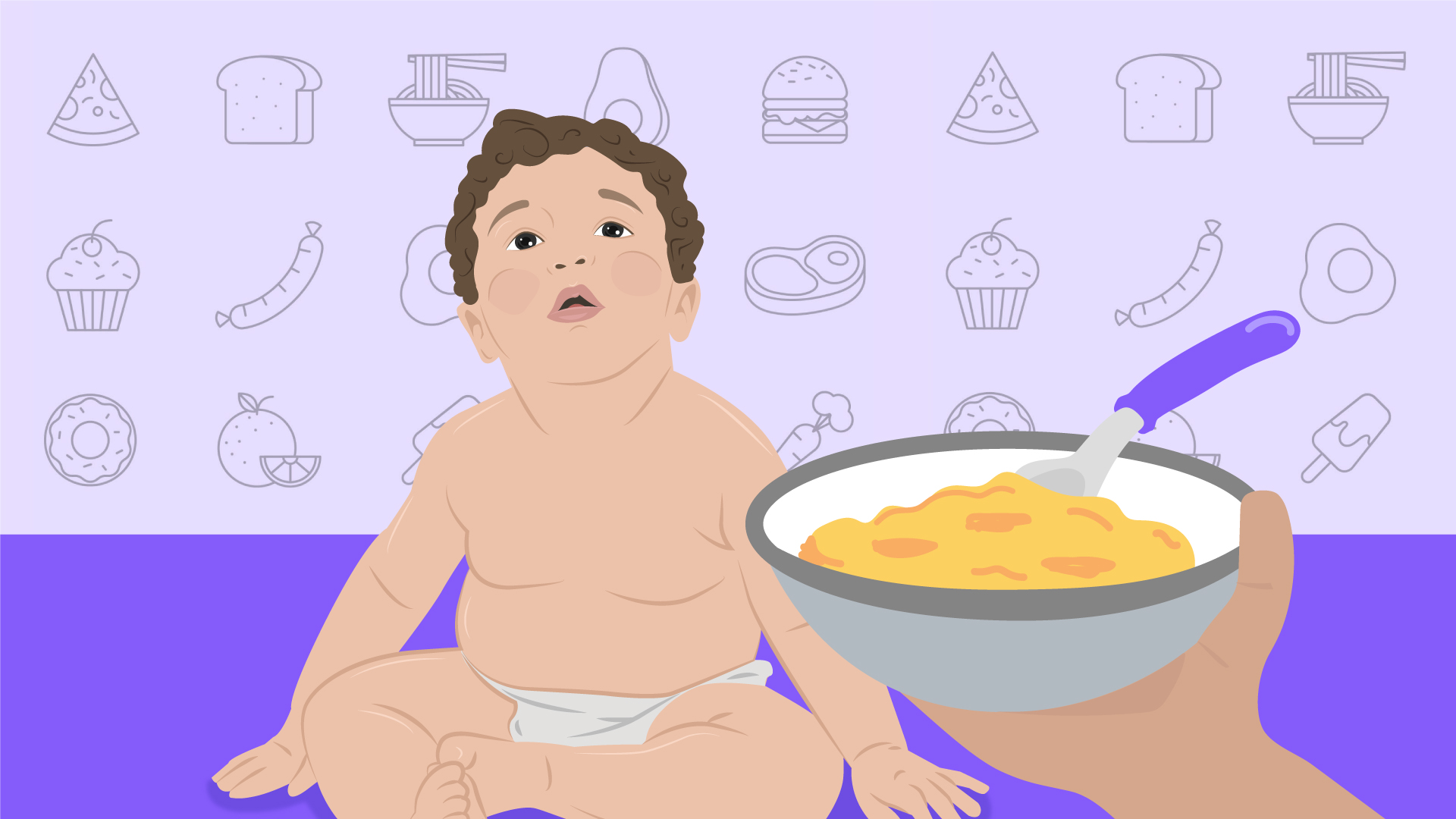 bebê sentado com um prato de comida à frente