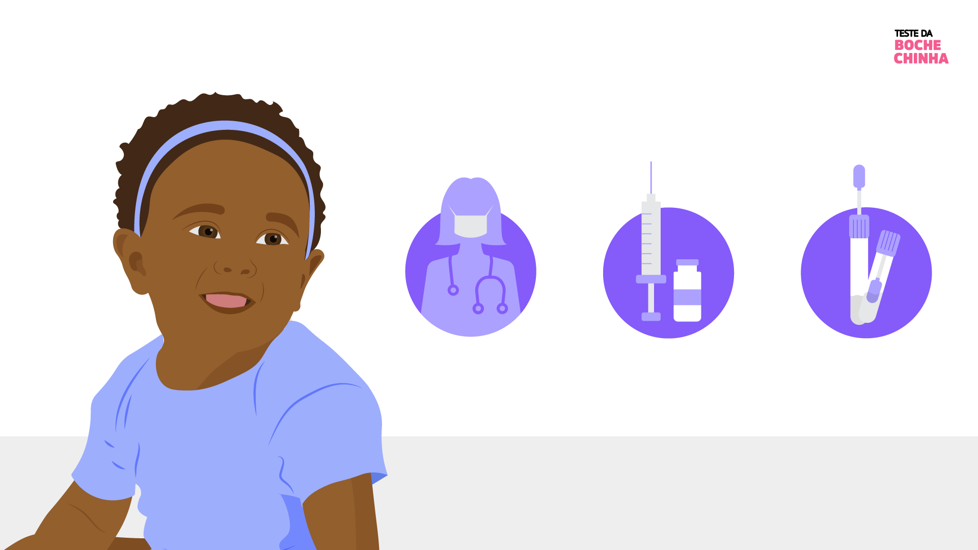 desenho de um bebê com 3 ícones ao lado representando um médico, uma vacina e um swab bucal