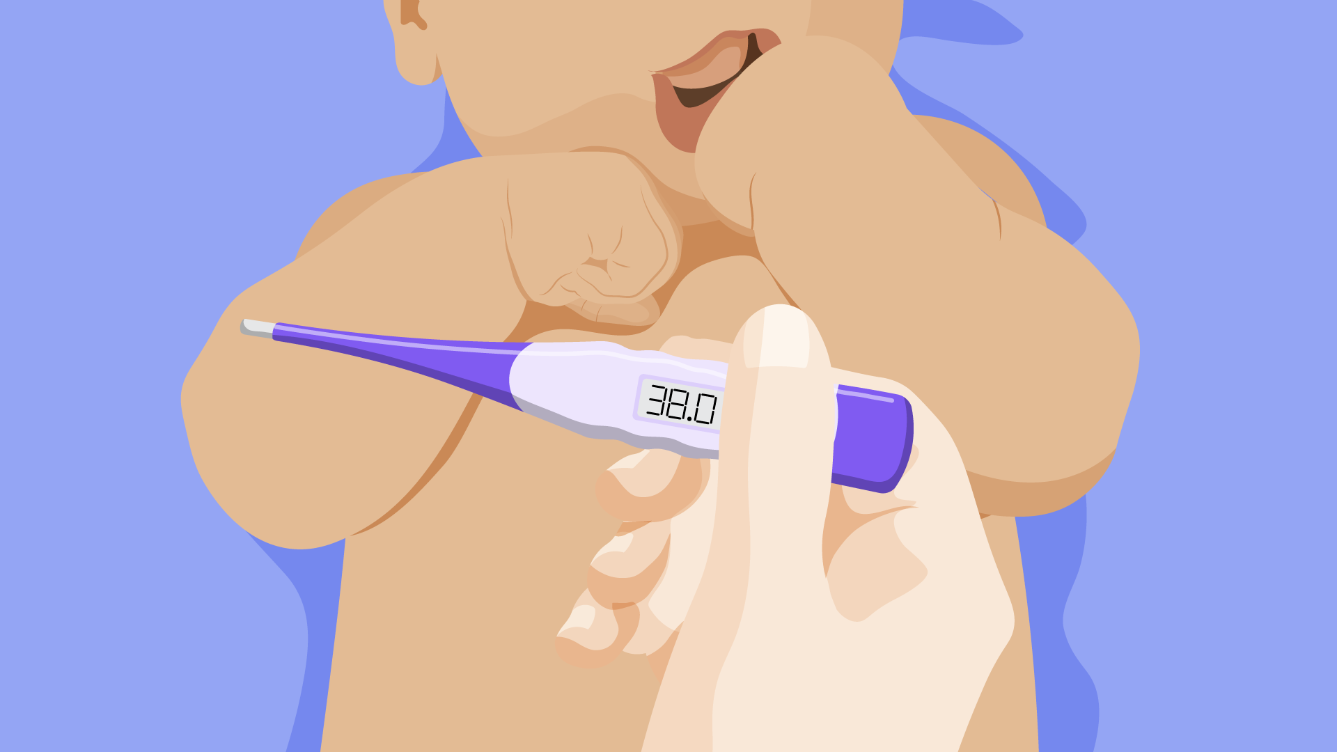 ilustração de um bebê deitado e um termômetro mostrando 38 graus