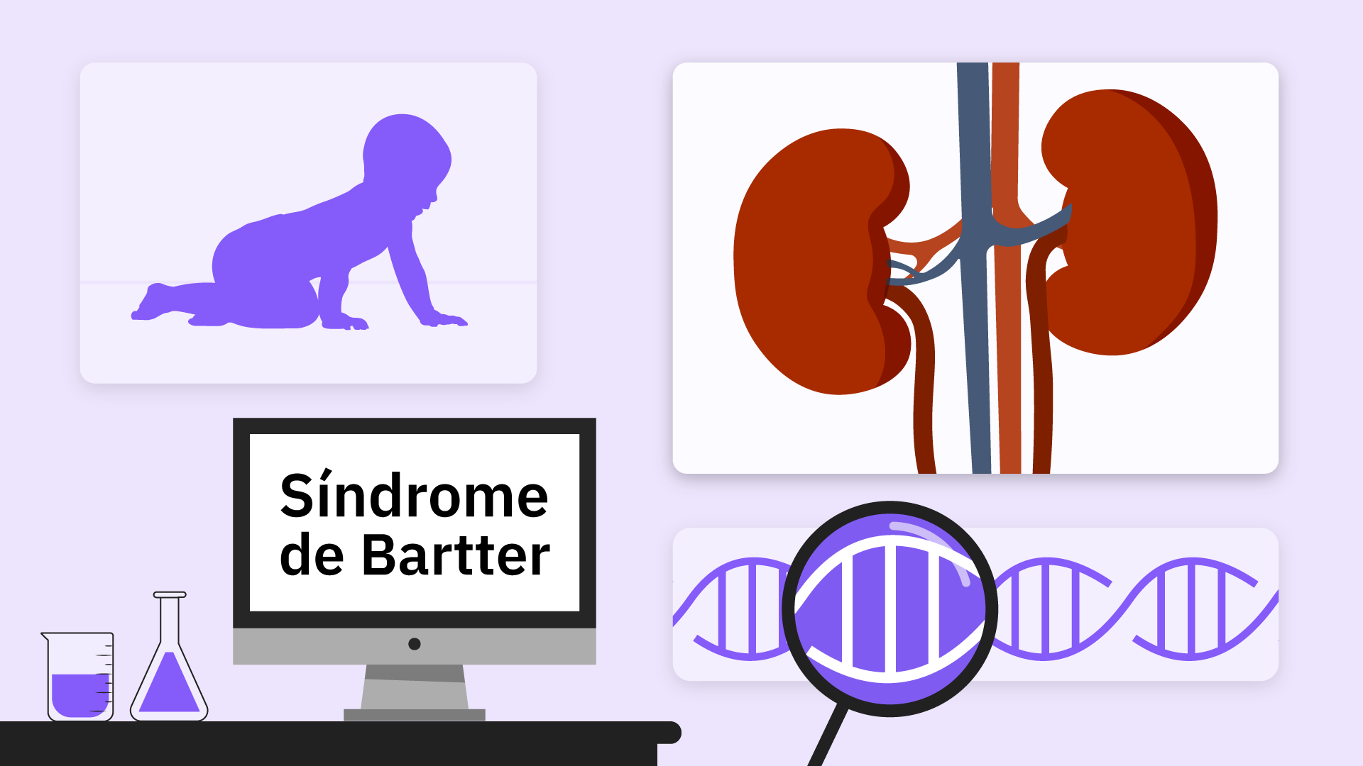 Silhueta de uma criança e ao lado uma ilustração de um DNA e dos rins