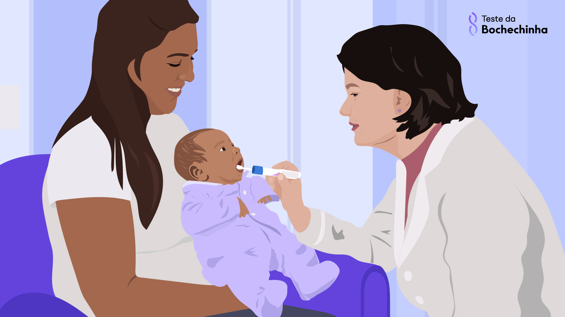 bebê no colo de uma mãe e uma médica à frente fazendo a coleta de saliva por swab bucal