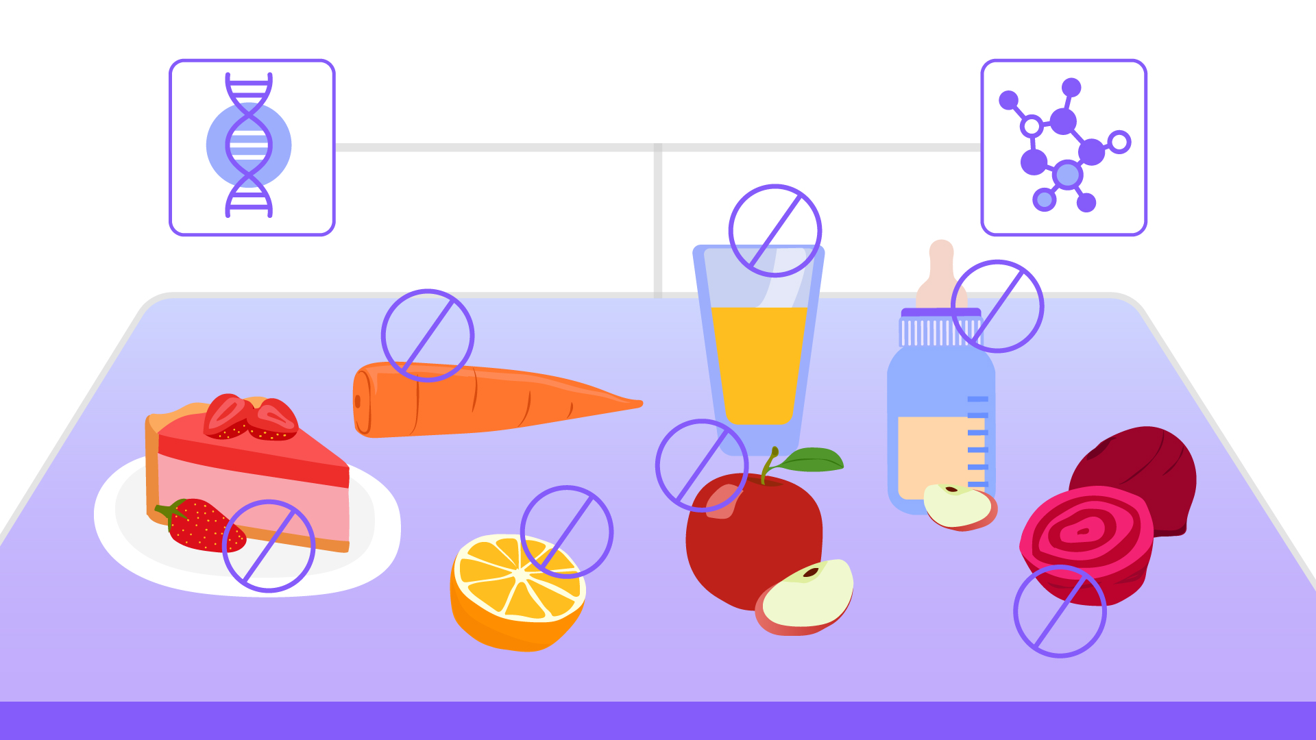 intolerancia-hereditaria-a-frutose mesa contendo frutas, doces e alguns legumes, junto a um sinal de proibido