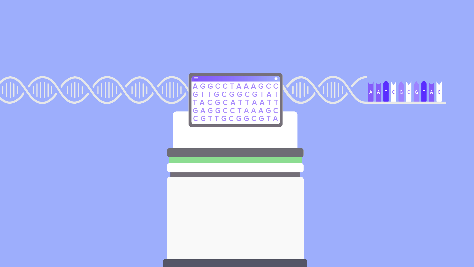 Um sequenciador de DNA com uma molécula de DNA passado atrás.