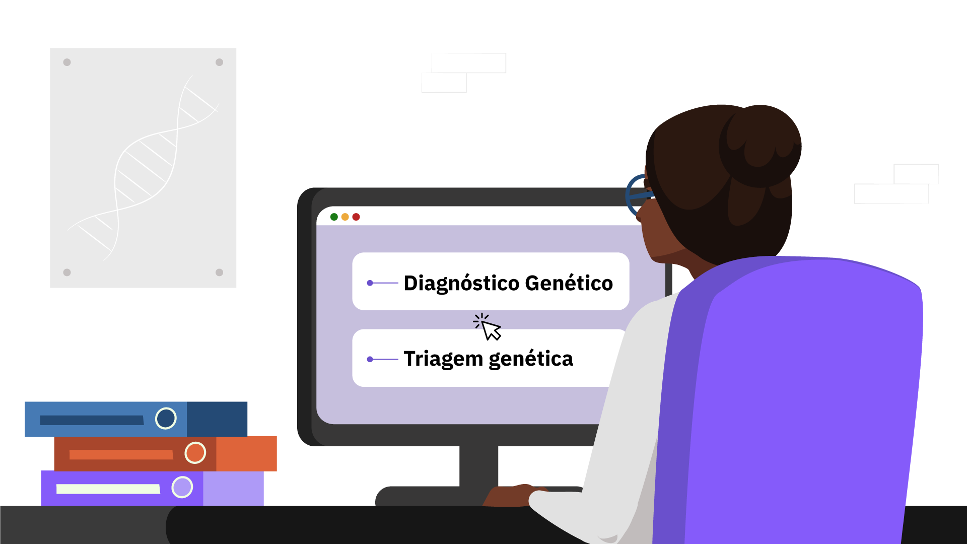 Mulher setada na cadeira e olhando uma tela de computador
