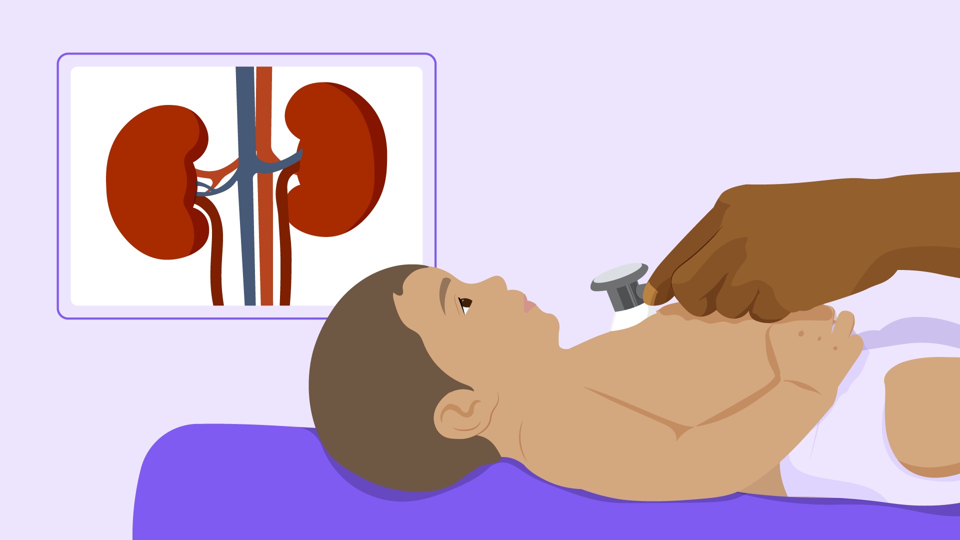 Bebê deitado, sendo examinado, com a foto dos rins em uma parede ao fundo.