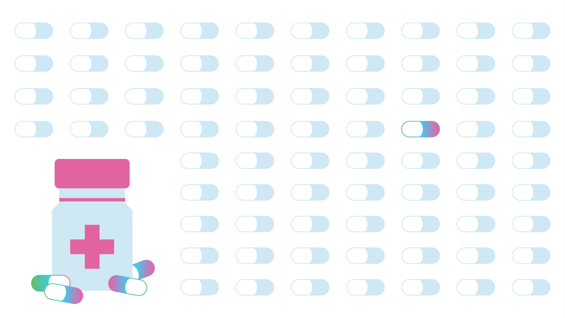 Vários medicamentos de cor azul espalhados pela tela e um de cor diferente